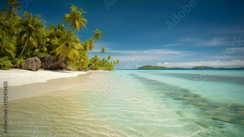 Beautiful tropical beach with white sand, palm trees, turquoise ocean against blue sky with clouds on sunny summer day. Perfect landscape background for relaxing vacation, island of Maldives.