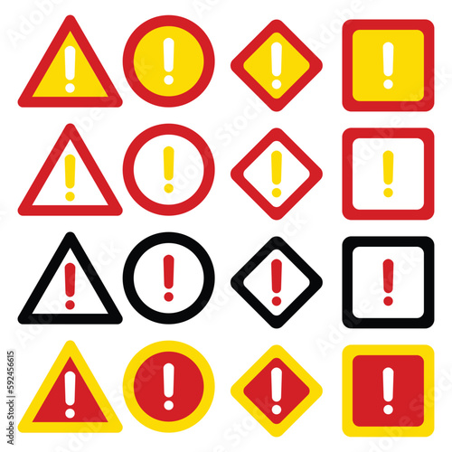 16 Set of warning signs isolated on a white background. Vector illustration. Warning icon symbol in different shapes like triangle, circle, rhombus and square. Hazard sign