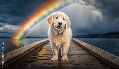 Puppy Crossing Over the Rainbow Bridge in Heaven - Ai Generative photo