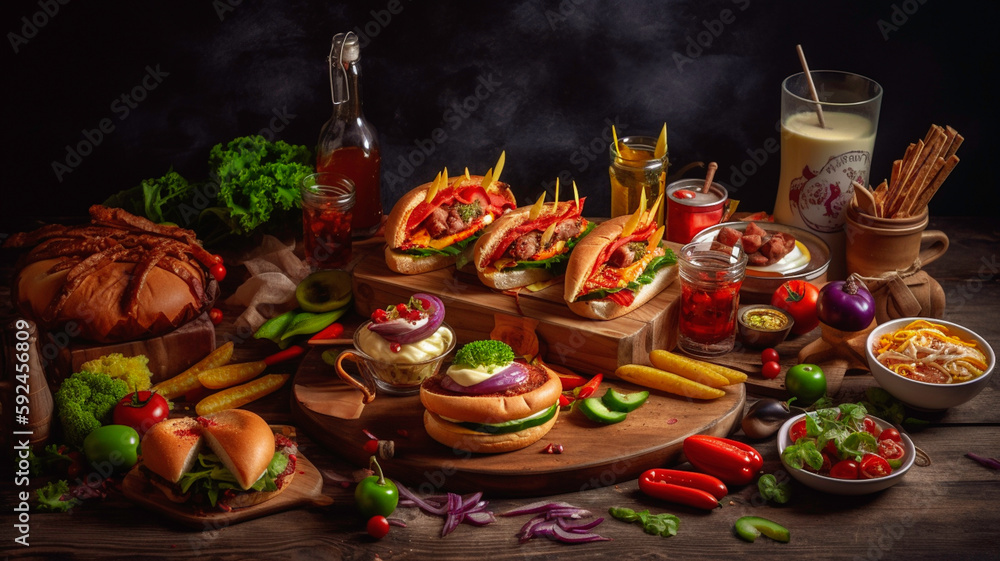 Delicious burgers with tomato, onion, lettuce, mayo on a wooden table, created using generative ai tools Delicious burgers with tomato, onion, lettuce, mayo on a wooden table, created using generative ai tools