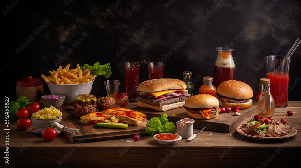 Delicious hamburgers with vegetables and sauces on a wooden table, created using generative ai technology