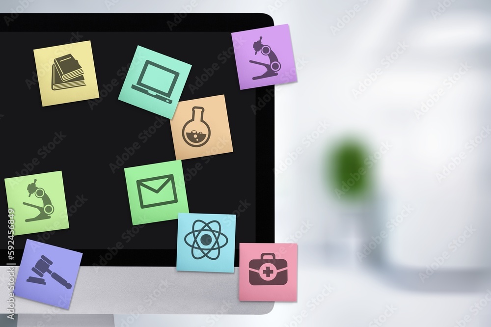 Set of sticking notes with colored educational subjects symbols Set of sticking notes with colored educational subjects symbols