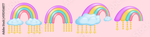 Set of fabulous 3D colorful rainbows. A bright rainbow with and without voluminous clouds in different positions. Ideal for children's books, home decor.