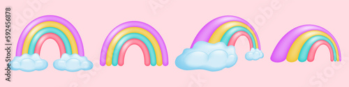 Set of colorful 3D rainbows in different positions. Cute bright rainbow and fluffy clouds. Perfect for kids designs, social media graphics and more. Vector illustration. © Mallva