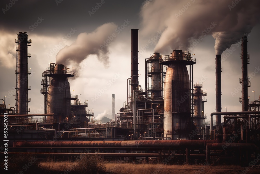 A refinery with smokestacks, with the focus on the smokestacks releasing steam and smoke into the air. Generative AI A refinery with smokestacks, with the focus on the smokestacks releasing steam and smoke into the air. Generative AI