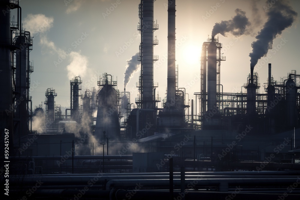A refinery with smokestacks, with the focus on the smokestacks releasing steam and smoke into the air. Generative AI