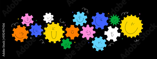Diverse colorful cog wheel character illustration set. Multi color rainbow cartoon machine gear collection in funny children doodle style. Friendly team work or group engine concept.