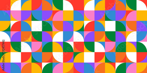 Colorful geometric mosaic seamless pattern illustration with creative abstract shapes. Modern scandinavian style background print. Trendy bright symbols and minimalist shape texture, geometry collage.