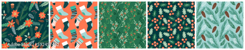 Christmas seamless pattern set, traditional holiday decoration background collection in flat cartoon style. Vintage winter ornaments and floral wallpaper bundle for xmas event.