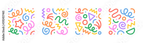 Fun colorful line doodle shape set. Creative minimalist style art symbol collection for children or party celebration with basic shapes. Simple upbeat childish drawing scribble decoration.