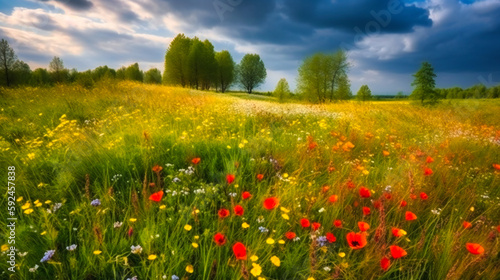 Beautiful spring landscape with colorful wildflowers in a green meadow on a blue day