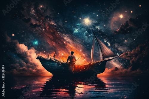 A man on a boat in outer space surrounded by stars, clouds, and both night and sunset skies. AI