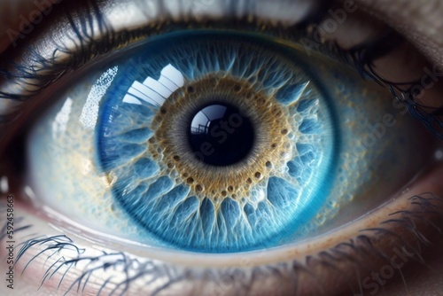 Realistic and beautiful close-up zoom of a human's blue eye. AI