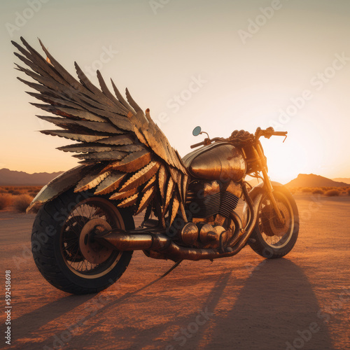 a very gold motorcycle with winglike projections, in the style of realistic fantasy artwork, grit and grain,   sunrays shine upon it, organic sculpting, desert punk photo