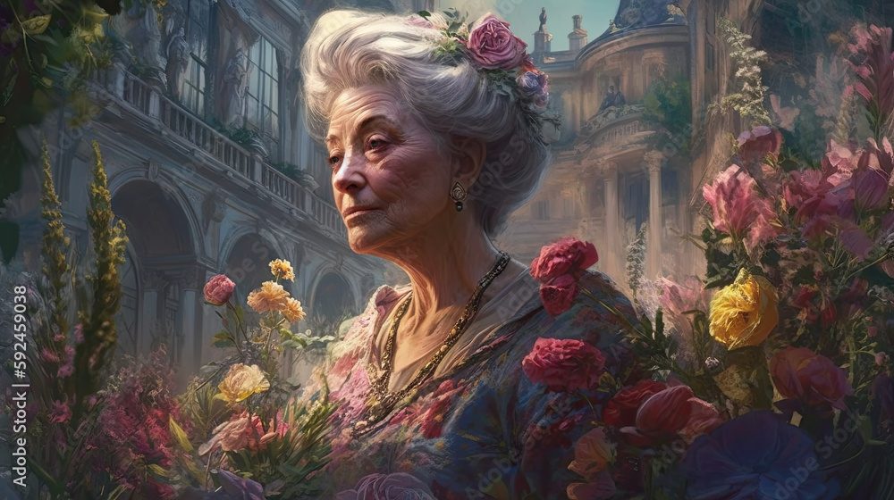 Elder woman illustration with flowers and palace reflecting the concept of the earth mother day made with generative AI - obrazy, fototapety, plakaty 