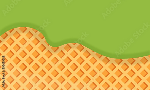 Illustration green tea ice cream with waffle design pattern background vector. melted ice cream on cone strips texture for wallpaper, banner, greeting card, printing, web, desktop. seamless backdrop