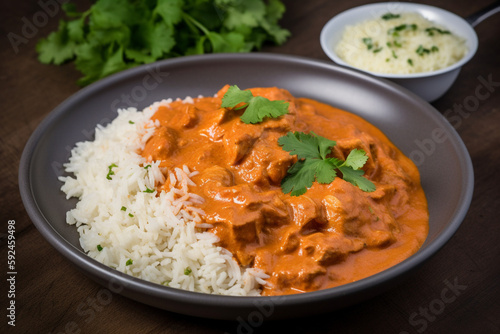 A plate of butter chicken with rice generative AI
