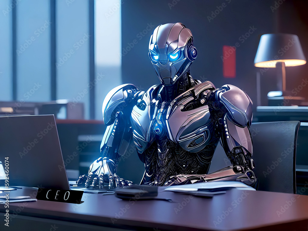 Futuristic Android Bot Employer Business Executive Sitting Behind ...