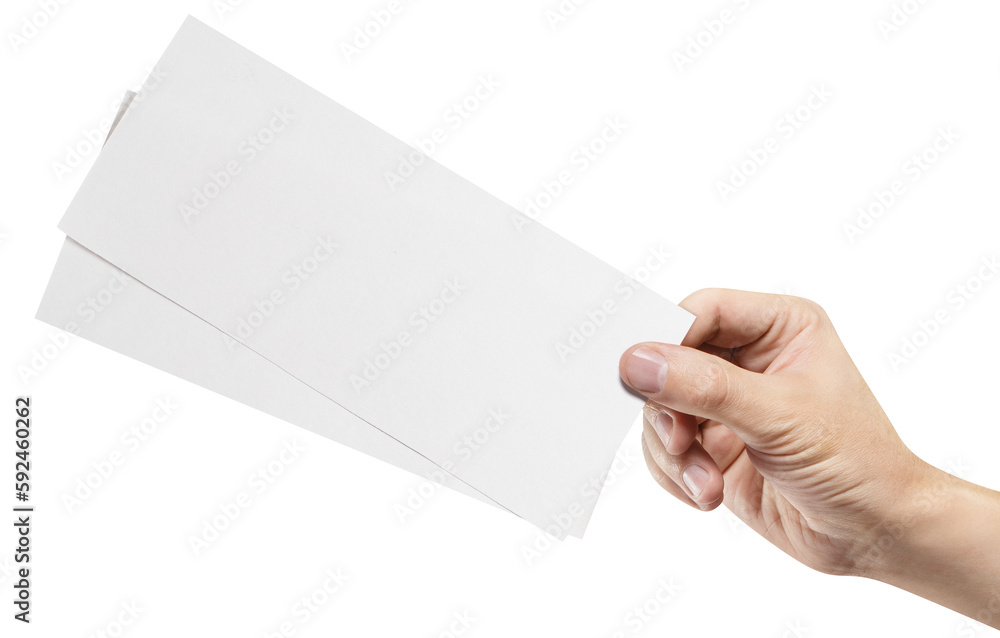 Male hand holding two blank sheets of paper (tickets, flyers, invitations, coupons, banknotes, etc.), cut out