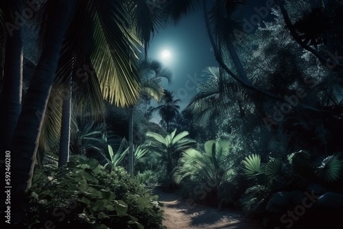 Jungle at night  the moon above the palm trees  a panorama of the jungle under the moon. Generative AI