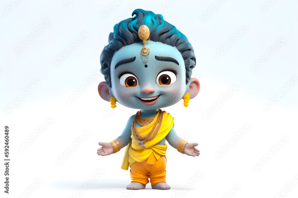 Lord Krishna on a white background. Adorable 3d illustration. Generated by generative AI. - obrazy, fototapety, plakaty 