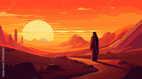 Christ in the desert sunset golden hour colorful illustration. An illustration of depiction of the temptation of Satan to Jesus Christ