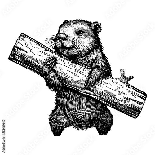beaver holding a log sketch illustration 