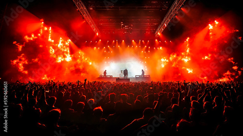 Silhouettes of Rock concert crowd in front of bright stage lights, Fire, explosions, smoke and pyrotechnics. Digital album art illustration, AI generated.