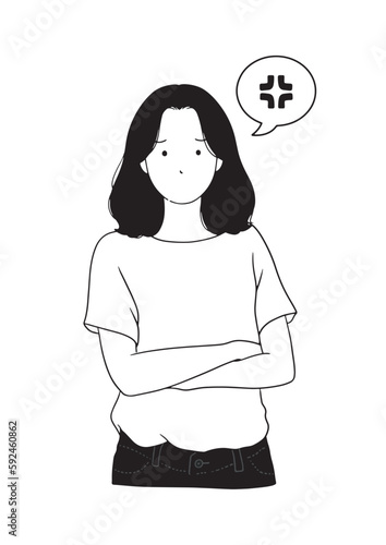腕を組む怒る女性のモノクロ線画イラスト