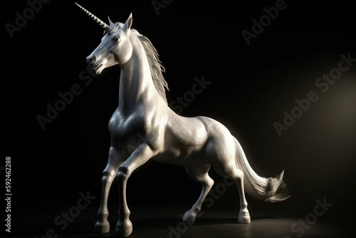 White unicorn in a mythical pose isolated on a dark background with a clipping path. Generative AI