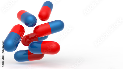 Falling pills on a red and blue isolated white background Antibiotics Medicines