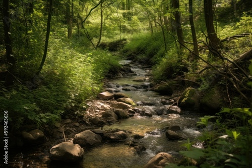 Babbling brook flows through the forest, providing a refreshing drink for wildlife. Generative AI © Kanisorn
