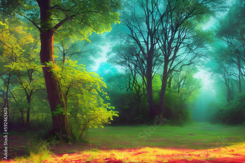 An image depicting an autumn forest in a clear and beautiful morning