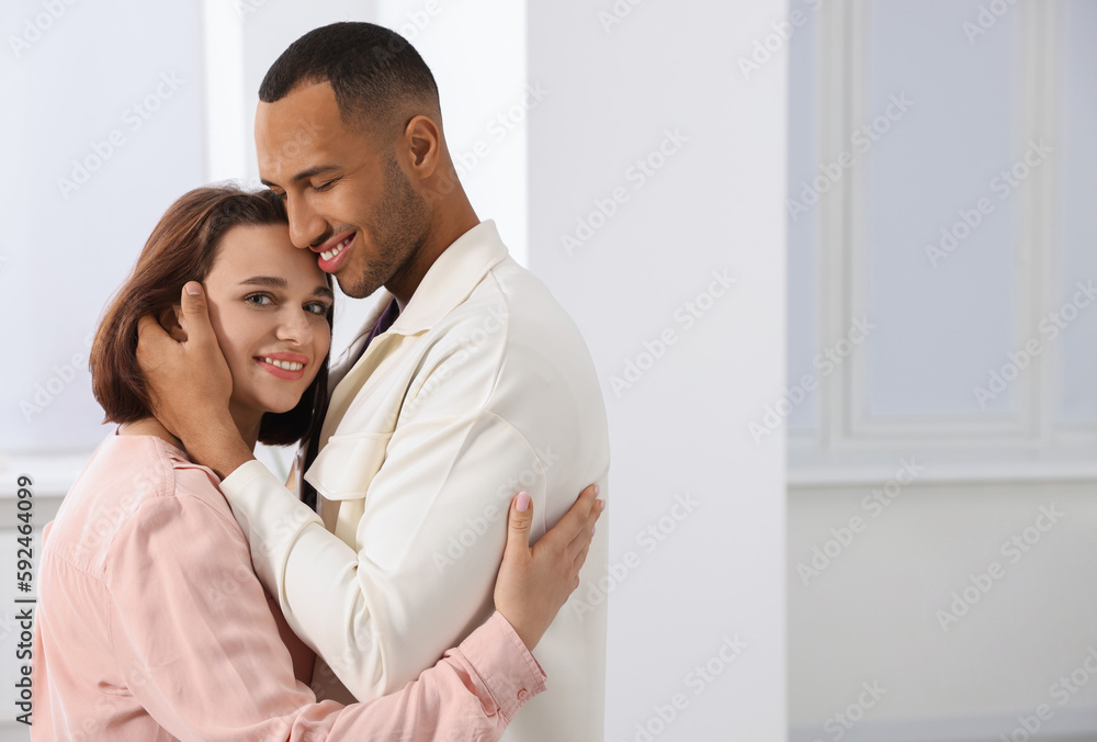 Dating agency. Happy couple enjoying time together at home, space for text