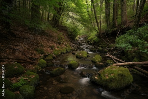 Gentle trickling of a nearby stream adds to the peaceful ambiance of the forest. Generative AI