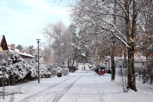 Beautiful view of city street with cottages and trees on winter day