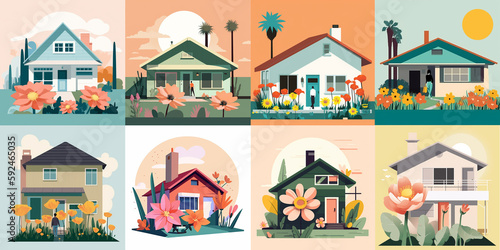 Set of cute bright houses with flowers in front created with generative AI technology