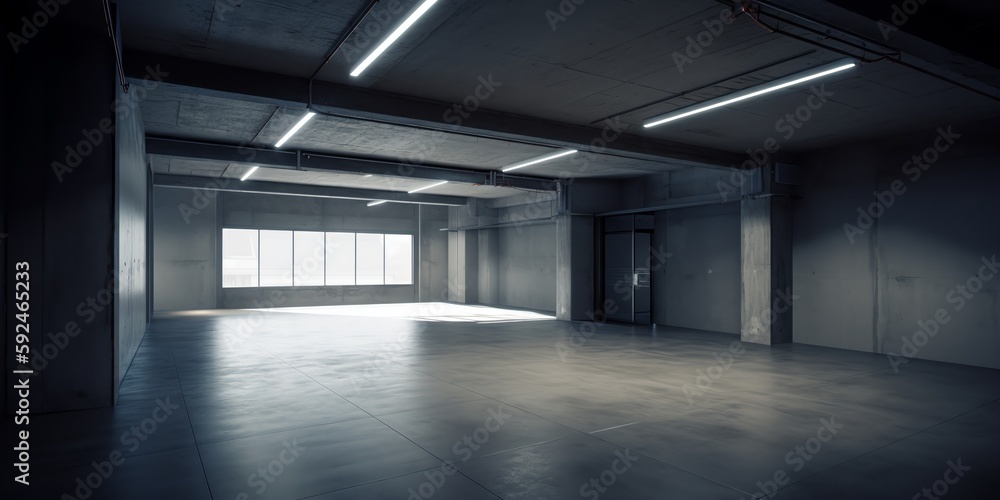 Empty white concrete hall interior with artificial and daylight and reflections on floor. Empty office. Copy space for text or mock-up. Generative AI Empty white concrete hall interior with artificial and daylight and reflections on floor. Empty office. Copy space for text or mock-up. Generative AI