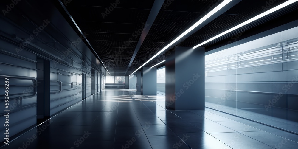 Empty white concrete hall interior with artificial and daylight and reflections on floor. Empty office. Copy space for text or mock-up. Generative AI