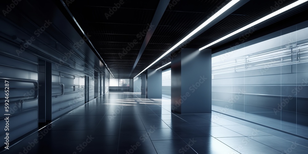 Empty white concrete hall interior with artificial and daylight and reflections on floor. Empty office. Copy space for text or mock-up. Generative AI Empty white concrete hall interior with artificial and daylight and reflections on floor. Empty office. Copy space for text or mock-up. Generative AI