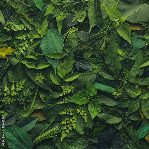 Foliage background with a variety of vibrant plant leaves showing a diverse e...