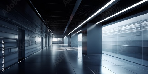 Empty white concrete hall interior with artificial and daylight and reflections on floor. Empty office. Copy space for text or mock-up. Generative AI © Ruslan Shevchenko