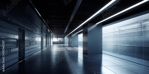 Empty white concrete hall interior with artificial and daylight and reflections on floor. Empty office. Copy space for text or mock-up. Generative AI