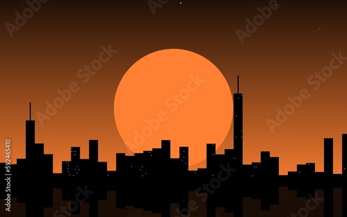Illustration of orange black background with silhouette of buildings