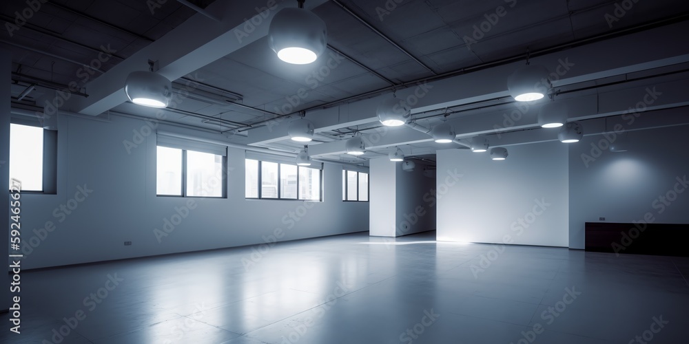 Empty white concrete hall interior with artificial and daylight and reflections on floor. Empty office. Copy space for text or mock-up. Generative AI Empty white concrete hall interior with artificial and daylight and reflections on floor. Empty office. Copy space for text or mock-up. Generative AI