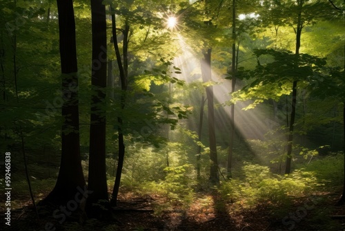 Sun peeks through the leaves, casting rays of light onto the forest floor. Generative AI