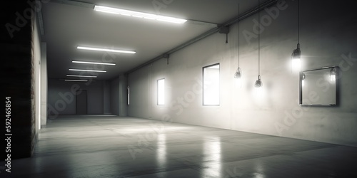 Empty white concrete hall interior with artificial and daylight and reflections on floor. Empty office. Copy space for text or mock-up. Generative AI