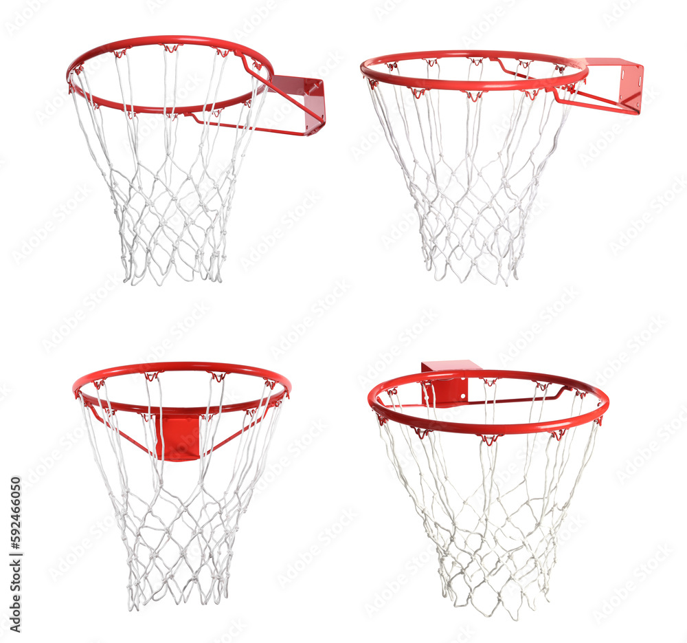 Collage of basketball hoop isolated on white, different sides