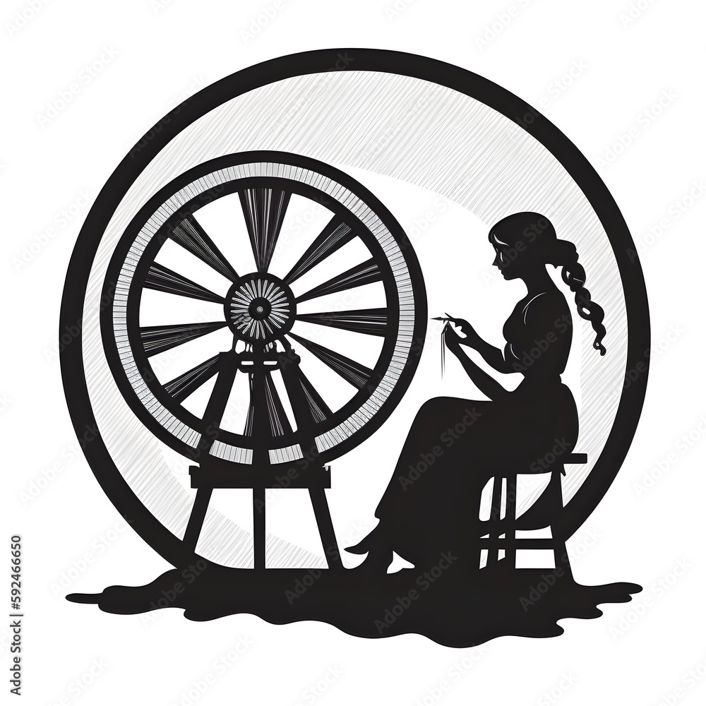 beautiful person using the spinning wheel black and white icon vector