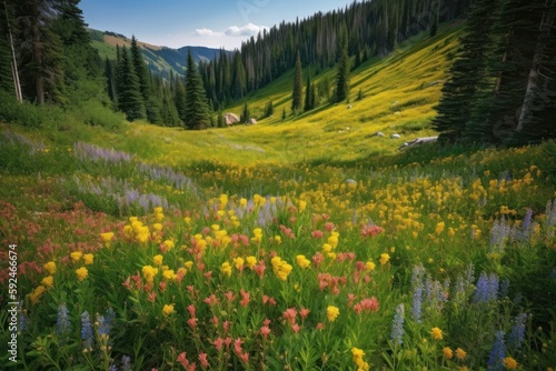 Vibrant colors of the wildflowers dotting the landscape bring life to the wilderness. Generative AI © Kanisorn